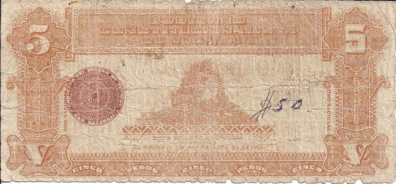 5 PESOS ORO NACIONAL TESORERIA GENERAL ESTADO DE YUCATAN (1916)
