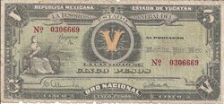 5 PESOS ORO NACIONAL TESORERIA GENERAL ESTADO DE YUCATAN (1916)