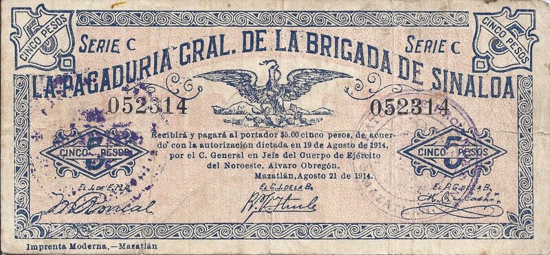 5 PESOS PAGADURIA GENERAL DE LA BRIGADA DE SINALOA (1914)
