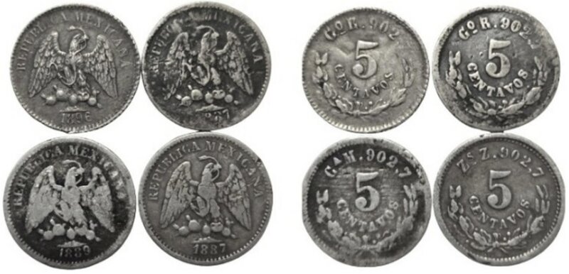 LOTE DE 4 PIEZAS DE 5 CENTAVOS (1887-1896-1889-1887)
