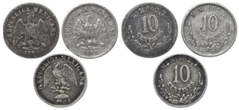 LOTE DE 3 PIEZAS DE 10 CENTAVOS (1886-1891-1904)