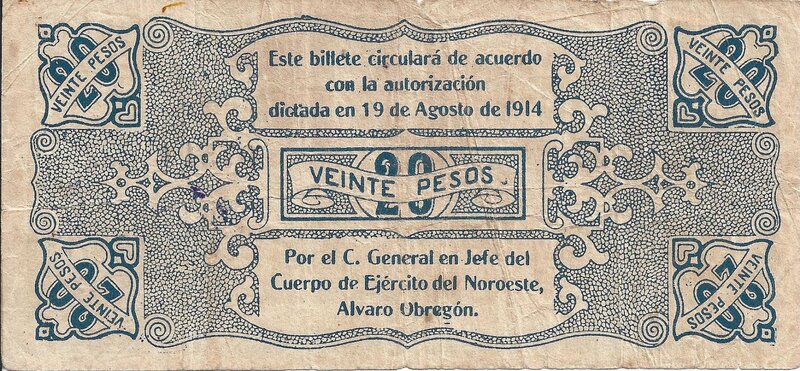 20 PESOS PAGADURIA GENERAL DE SINALOA (1914)